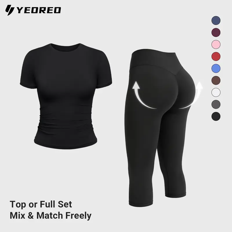YEOREO Women's 2-Piece Fitted Activewear Set - High Waisted No Front Seam Body Shaping Scrunch Capris, Double Lined Crop Top, High Stretch Fitness Exercise Wear for Summer, Travel