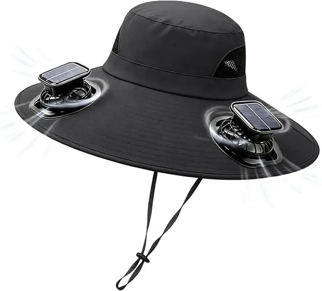 Solar Powered Sun Hat with Dual Cooling Fans Wide Brim Fishing Hat USB Rechargeable Breathable Outdoor Sun Protection Bucket Hat Black