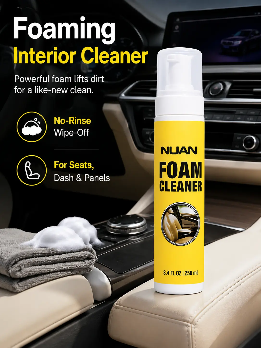 NUAN Car Interior Cleaner Foam Spray, Upholstery & Seat Cleaner for Fabric, Leather, Dashboard and Interior Stains
