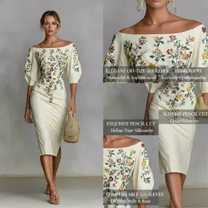 Urban Women's Elegant Off Shoulder Midi Dress, 3/4 Sleeve Floral Embroidery Bodycon Pencil with Slit, Party Cocktail Gown, Chic Premium Quality Look Style Versatile All-Season Durable Wear Elegant Modern Classic