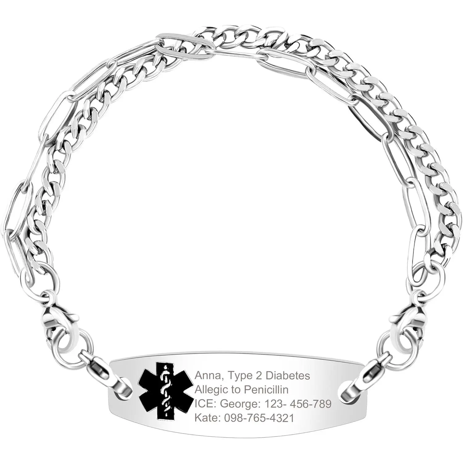 Uloveido Men's Medical Alert Bracelet - Stainless Steel Interchangeable Emergency ID with Free Custom Engraving, 7.87" Ladies First Response to Distress Jewelry