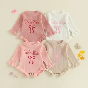 Newborn Girl Clothes She's Here Embroidered Baby Ruffle Romper Winter Long Sleeve Birth Announcement Outfit