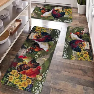 2/3pcs kitchen anti slip carpet floor mat, sunflower rooster pattern rural style theme decoration kitchen floor mat, soft and comfortable flannel anti slip kitchen floor mat, suitable for kitchen, dining room, laundry room, room decoration floor mat
