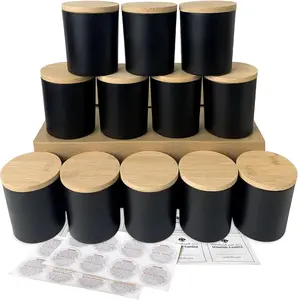 12-Pack 10 oz Matte Black Glass Candle Jars with Airtight Bamboo Lids & Warning Labels - Dishwasher Safe Empty Containers for Candle Making (Bulk)