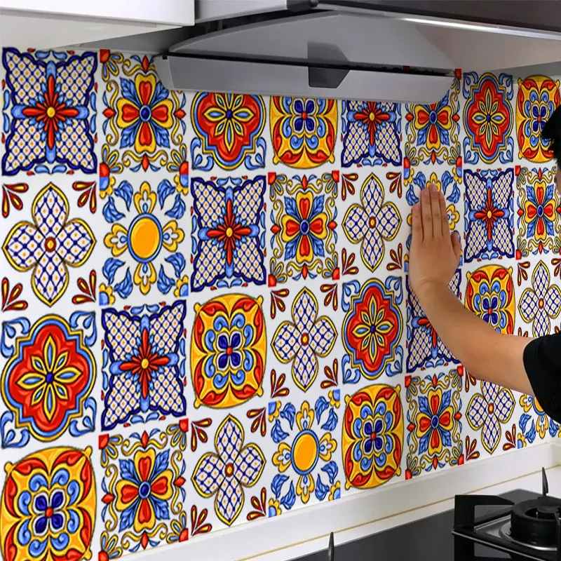 Bohemian Moroccan Red Blue Yellow Floral Flower Design Peel and Stick Backsplash, Removable Heat Resistant Waterproof Oilproof Contact Paper, Kitchen Decor Sticker for Stove, Cabinets & Countertop 40×500cm 15.8×196.85in