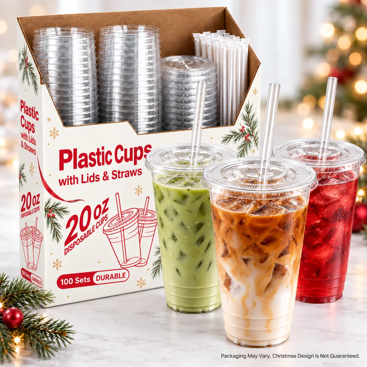 100-Pack PET Plastic Disposable Cups with Lids and Straws, 16/20/24/32 oz Kitchen Freshness To-Go Cups for Iced Coffee, Picnics
