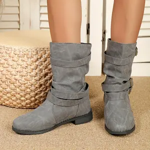 2022 New European and Style Autumn Winter Large Size Pointed Toe Roman Stacked Boots Women Girl Walking Shoes Footwear
