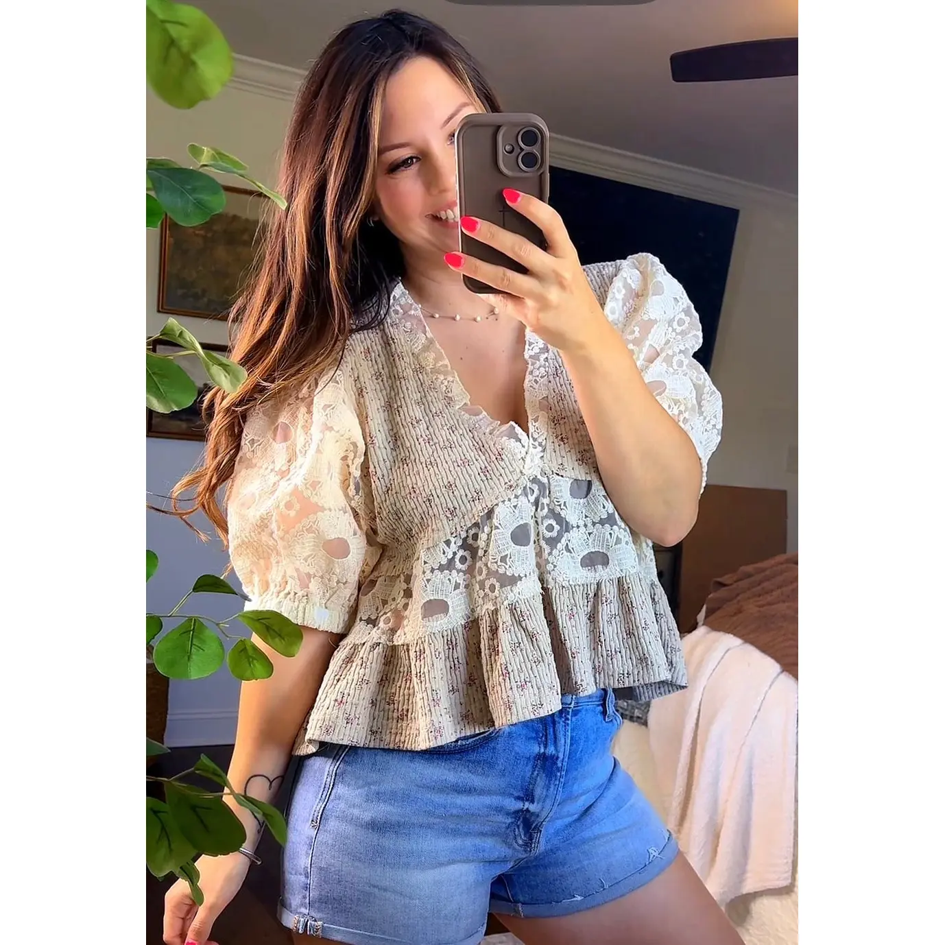 Printed Rib Fabric Half balloon sleeves Top FINAL SALE