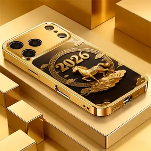 Golden Horse Surrounding 2026 Vintage Decorative Pattern Christmas Gift Light Luxury Electroplated Gold Glass Phone Case Suitable for iPhone 17 16, 15, 14, 13, 12, 11 Plus Pro Max