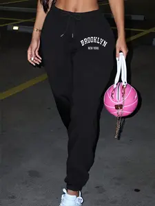 Women's Brooklyn New York Letter Print Sweatpants, Elastic Waist Casual Joggers, Polyester Knit, Loose Fit, Pockets, Sports Style, Adult Fashion Pants