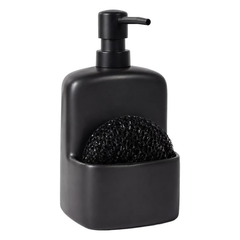 BosilunLife Matte Ceramic Liquid Soap Dispenser - 20oz, 14x13x23cm Ceramic Body, Push Button, Sponge Holder for Home & Bathroom Everyday Use