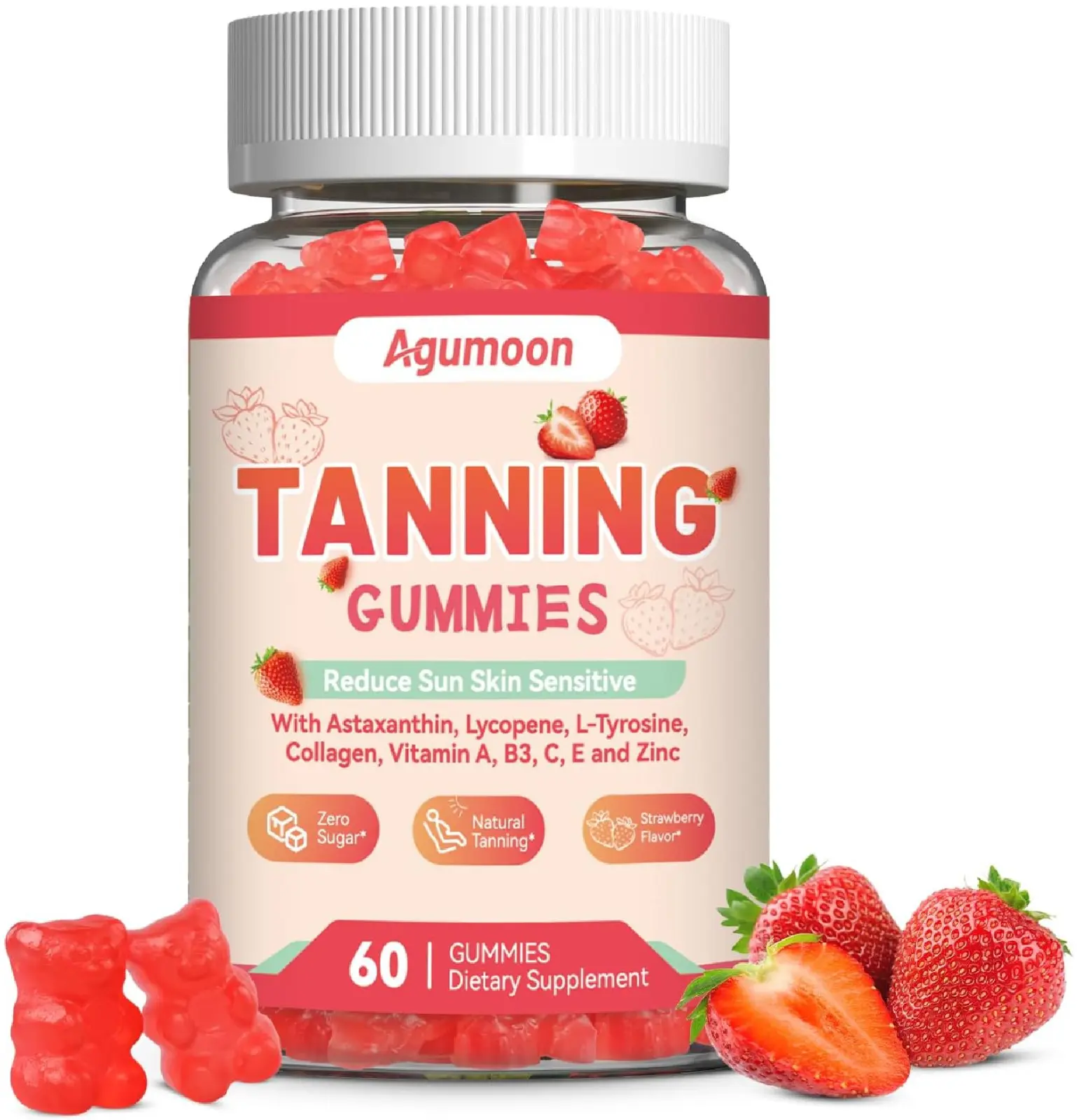 Tanning Gummies with Beta Carotene, Lycopene, L-Tyrosine, Astaxanthin & Collagen for Natural Glow, Strawberry Flavor