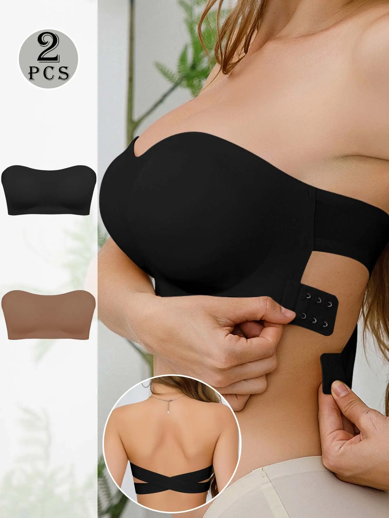 【Buy 1 Get 1 Free】Wireless Bandeau Bralette with Side Closure, Sexy Strapless Nylon Knit Fabric - Removable Padding, Cross Strap Detail, Solid Color Stretch Bandeau for Adults