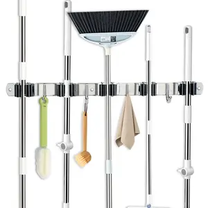5 Racks and 4 Hooks Mop and Broom Holder Wall Mount, Broom Organizer Storage Tool Racks Stainless Steel Heavy Duty Hooks Self Adhesive Solid Non-slip for Home Kitchen Garden Laundry