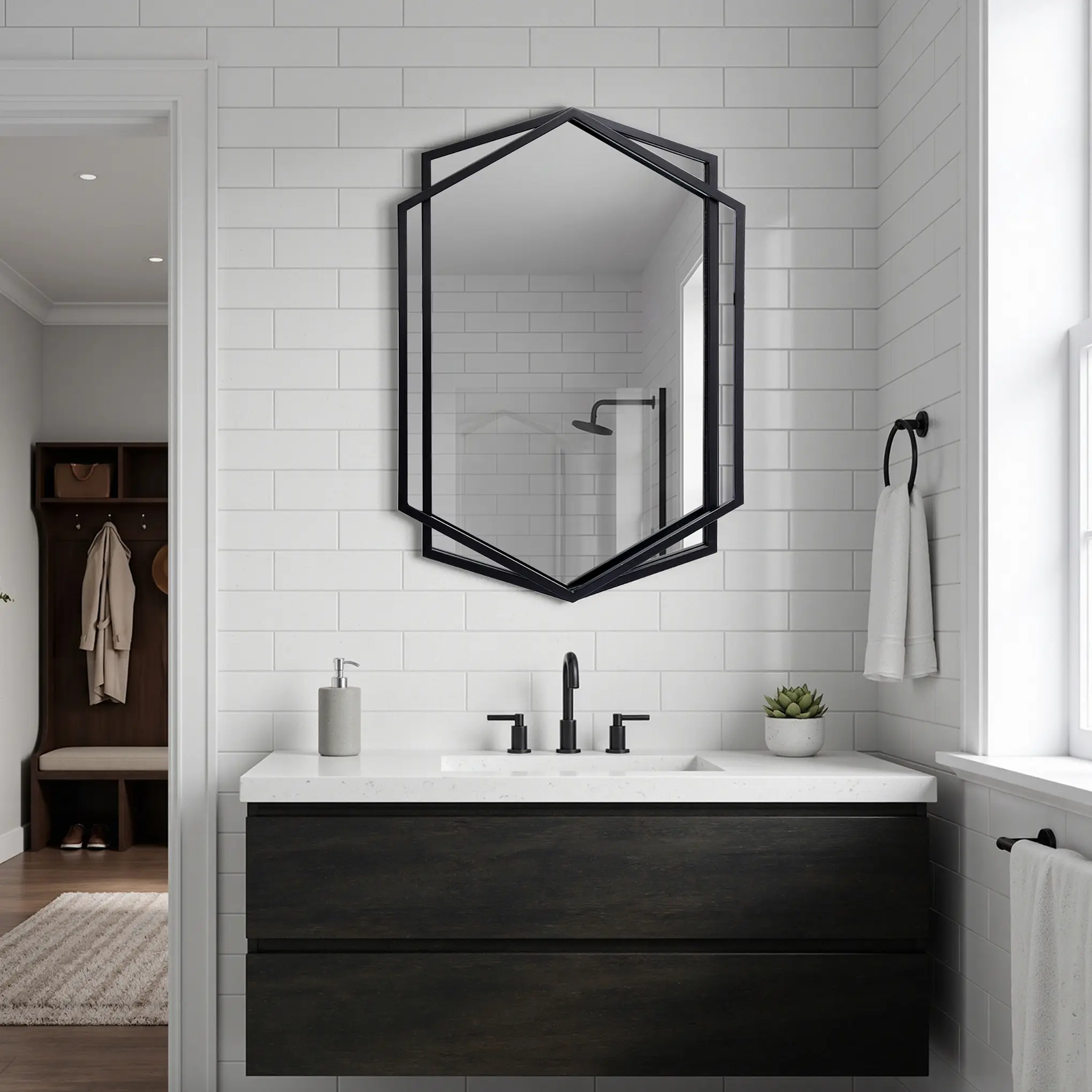 32" Matte Metal Hexagon Wall Mirror, Black