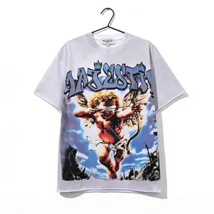 Cupid Archery Letter Diamond T-Shirt Washed Vintage Frayed Oversized Tee Baggy Cotton Streetwear Y2K Aesthetic Summer Outfit Unisex Top