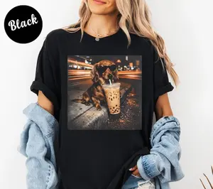 Funny Dachshund Drinking Iced Coffee T-shirt, Vintage Dog Shirt, Wiener Dog Tee, Sausage Dog Unisex Tee, Dog Lover Shirt