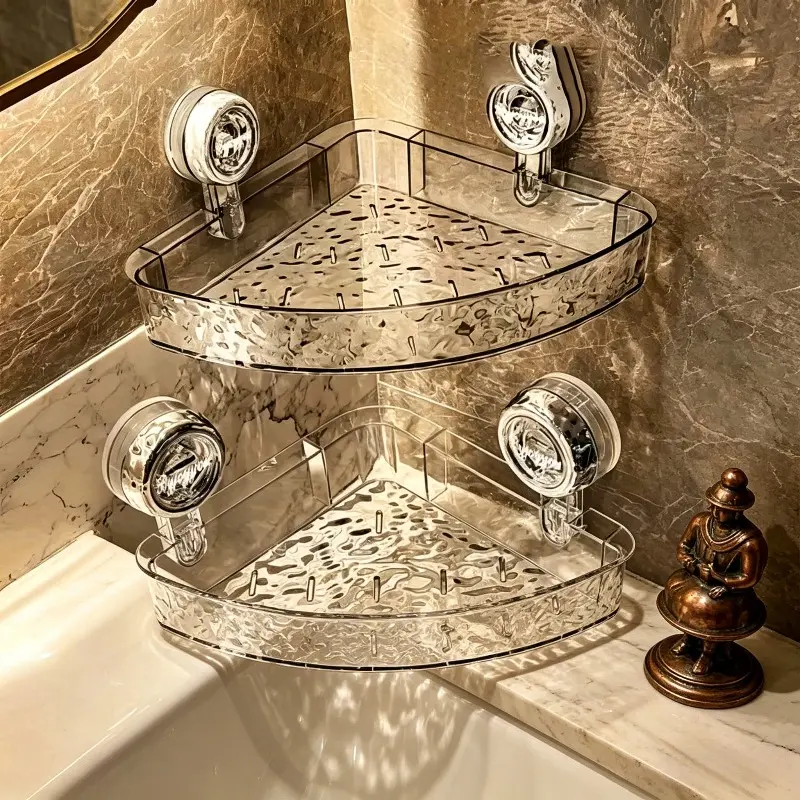 2-Piece Set of No-Drill Suction Cup Corner Bathroom Shelves: Strong Suction Cups for Easy Installation Without Damaging Walls; Transparent, Minimalist Design; Removable and Easy To Clean; Bathroom Toiletries Storage Rack; Space-saving and Heavy-duty