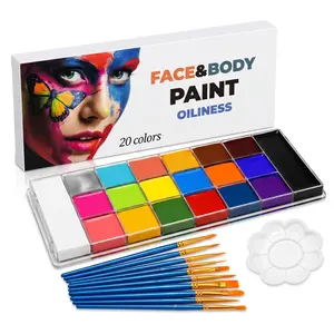 Waterproof 20-Color Oil Face Paints Cosmetics Kit with 10 Professional Artist Brushes, Large Deep Pan, Setting & Full Coverage for Halloween, Cosplay
