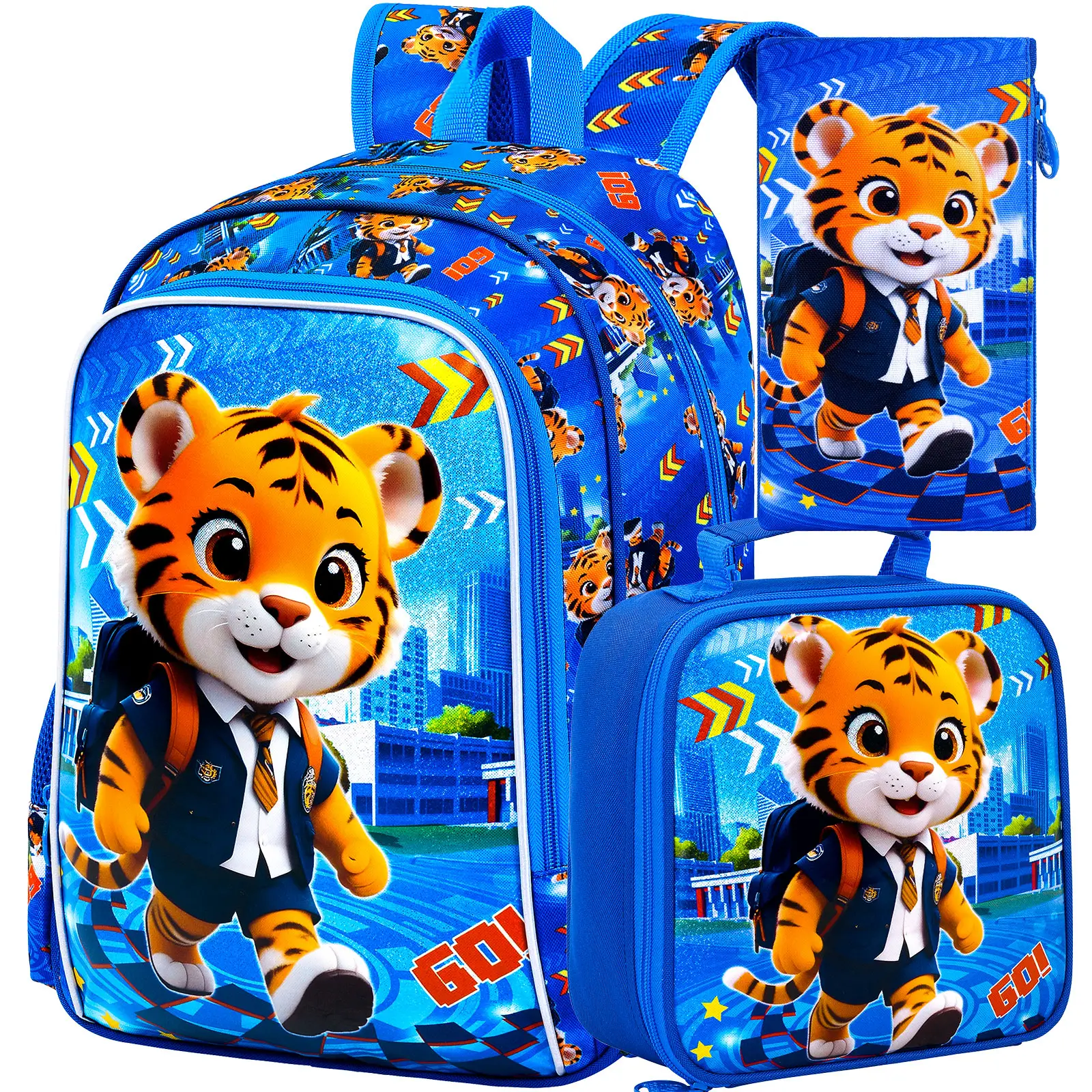 3PCS Kids Backpack for Boys, 16 Inch Tiger Water Resistant Preschool Bookbags, Cool Elementary Kindergarten School Backpacks and Lunch Box