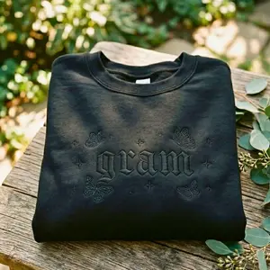 Embroidered Gram Sweatshirt: Butterfly Gothic Script Grandma Gift