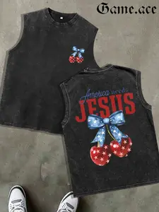 GAME.ACE Retro Washed Black Sleeveless Tank Top, Cherry Bow & Patriotic Slogan Print, Casual Streetwear, 100% Cotton Breathable Unisex Vest, Daily Wear, Holiday Outings, Great Gift for Trendy Lovers