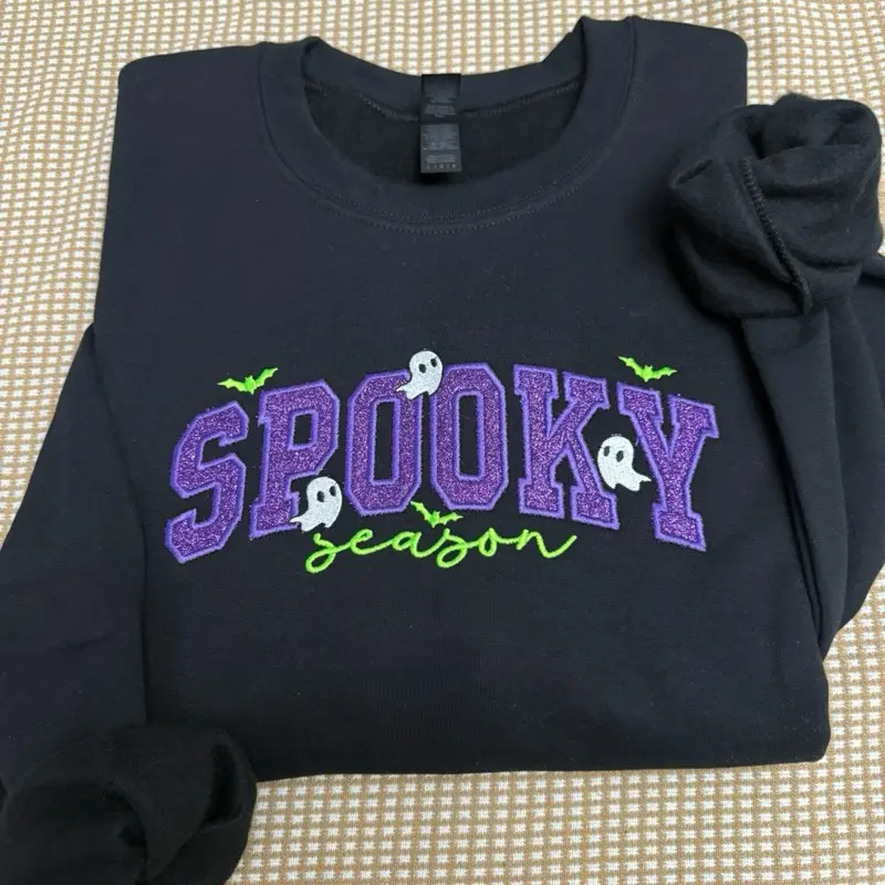Spooky season PURPLE glitter green text embroidered sweatshirt