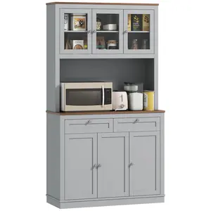 HOMCOM Modern 71" Tall Height Pantry Cabinet with Microwave Stand, Freestanding Kitchen Hutch with Countertop, 2 Drawers, Bar Cabinet with Adjustable Shelves, Glass & Recessed Doors for Dining Room, Green