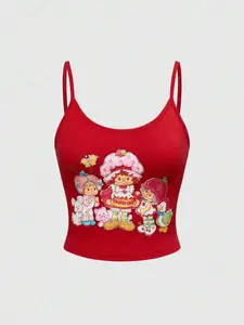 Strawberry Shortcake | ROMWE Women Cartoon Figure Graphic Red Cami Top, Suitable For Summer