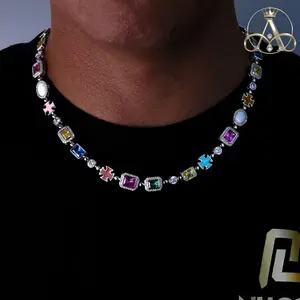 Fine Jewelry Hip Hop Colorful Gemstone Necklace Luxury Premium Moissanite Couple Necklace for Women Men  Gift