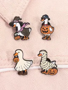 Unique 4pcs/set Spooky Halloween Goose Enamel Pins Just A Boney Goose Skeleton Funny Cute Goose Skeleton Witch Pumpkin Ghost Trick Or Treat Duck Alloy Metal Brooches Lapel Backpack Badge Fashion Jewelry Accessories Gifts for Friends