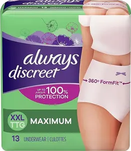 Always Discreet Adult Incontinence Underwear for Women and Postpartum Underwear, XXL, Up to 100% Bladder Leak Protection, 13 CT