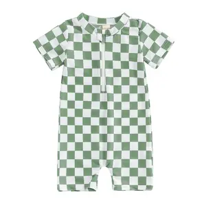 Toddler Infant Baby Boy Girl Swimsuit Checkered  Swimwear Short Sleeve Zipper Rash Guard Beach Bathing Suit