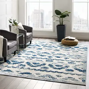 Modway Reflect Takara Abstract Diamond Moroccan Trellis 8x10 Indoor and Outdoor Area Rug in Ivory and Blue