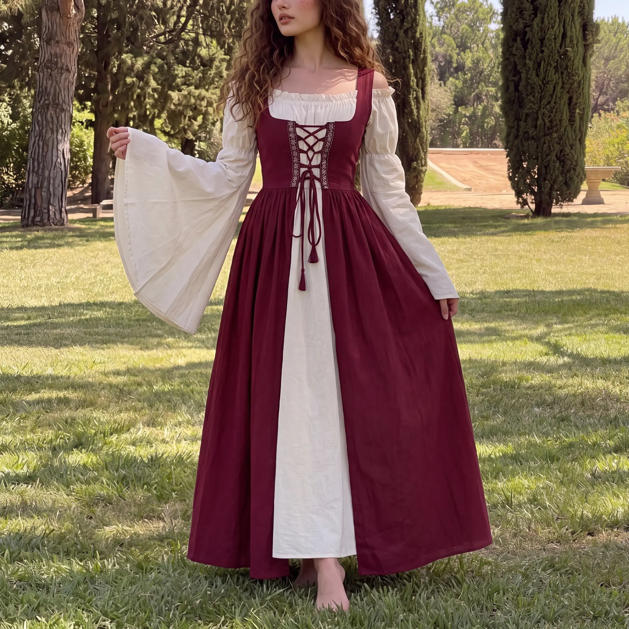 Renaissance Faire Dress for Women, Medieval Costume Gift for Her, Bell Sleeve Corset Gown, Halloween Outfit, Cottagecore Chemise Maxi