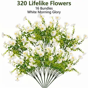 16 Bundles White Artificial Morning Glory Flowers, 320 Blooms UV Resistant Faux Flowers for Outdoor Porch, Patio, Window Box and Garden Decor
