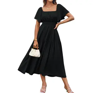 GRACE KARIN Women's Summer Short Sleeve Square Neck Smocked Waist Casual Vacation Tiered Flowy Maxi Dress