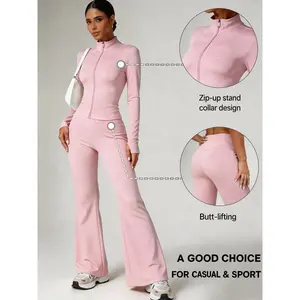Women's Solid Color Zipper Jacket and Wide Leg Pants Set, Workout Sets, High Waist Butt Lifting, Quick Dry Comfortable, Gym and Daily Wear, Four Seasons Fashion