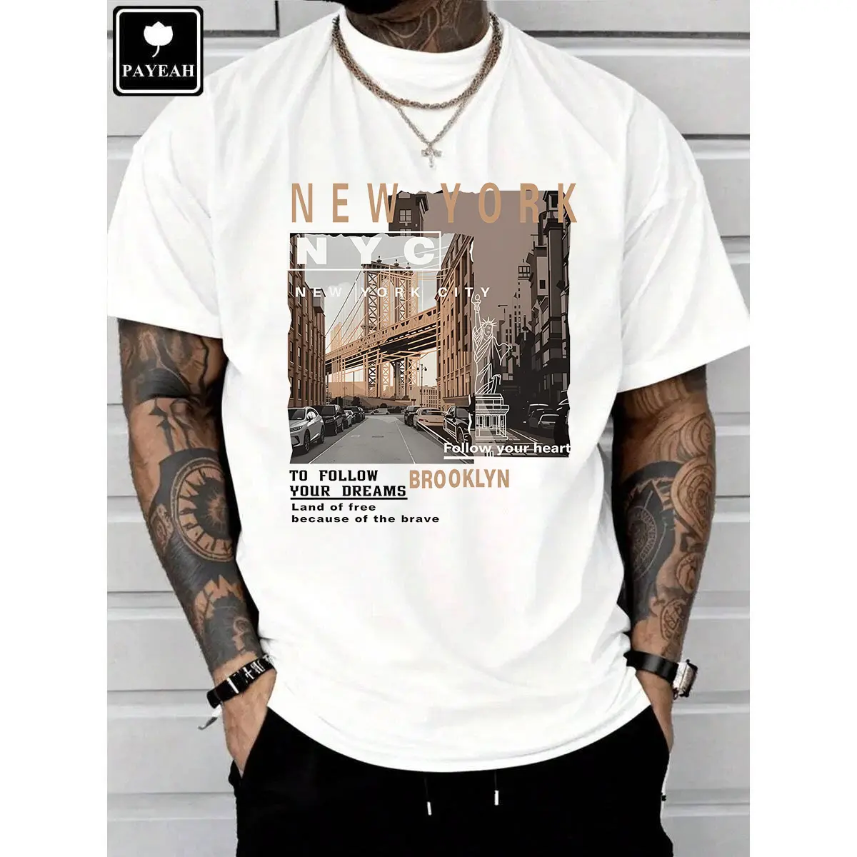 Men's Graphic T-Shirt with Retro Brooklyn Print, Casual Cotton Streetwear Top with Shortsleeve Crew Neck and Regular Hem, Regular Fit Menswear Ideal for Matching, Fabric, Tshirt, All Seasons, Print Pattern, Stretch, Slight Stretch