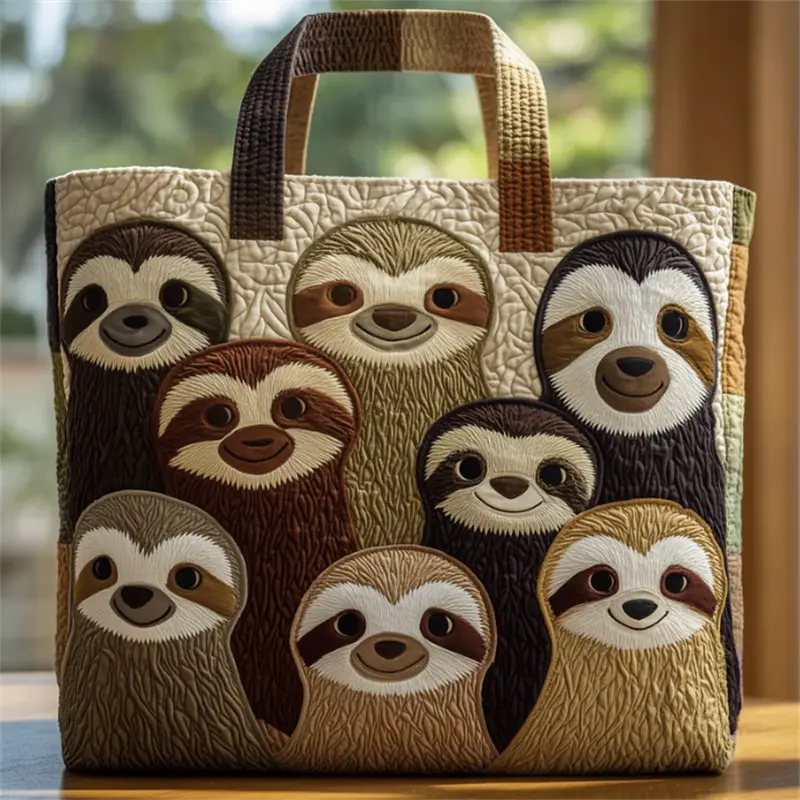 Women Quilted Tote Bag, Cute Sloth Family Patchwork Print Shoulder Handbag, Large Capacity Farmhouse Style Shopping Bag, Whimsical Wild Animal Art Tote Purse for Daily Grocery Travel