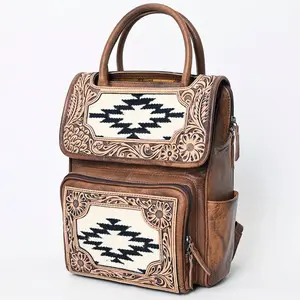 ADBG1088 Southwestern Tooled Leather Backpack-Woven Wool Panels & Top Handles
