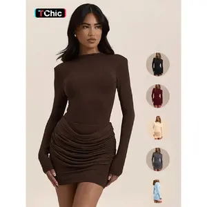 Elegant Women's Solid Color Ruched Dress, Spring & Fall Long Sleeve A-Line Gown, Perfect for Evening Events and Dates, Fit