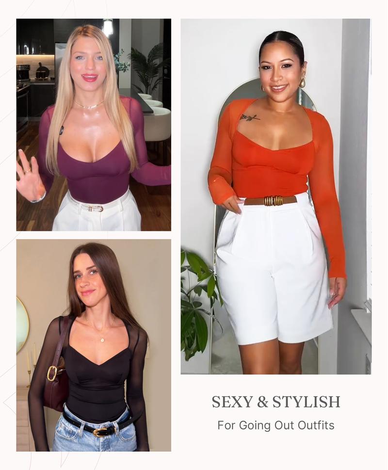 FeelinGirl Women's Mesh Bodysuit Fitted Chic Basic Medium Length Long Sleeve Top & Comfortable Underwear for Fall