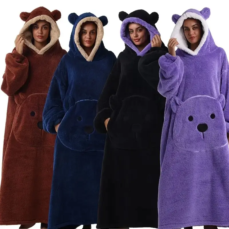 New Lazy Blanket, TV Blanket, Soft Fluffy Blanket, Flannel Throw Blanket, Cozy Throw Blankets, Wearable Blanket, Bear Pajamas, Outdoor Warm Hooded Home Wear, Valentine's Day Gift, Blanket Gifts, Long Sleeve Thick Couple Bear Pocket