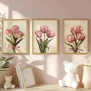 3pcs Frameless Art Decor Vintage Style Canvas Poster Tulip Bouquet Bow Vibrant Floral Wall Decoration Living Room