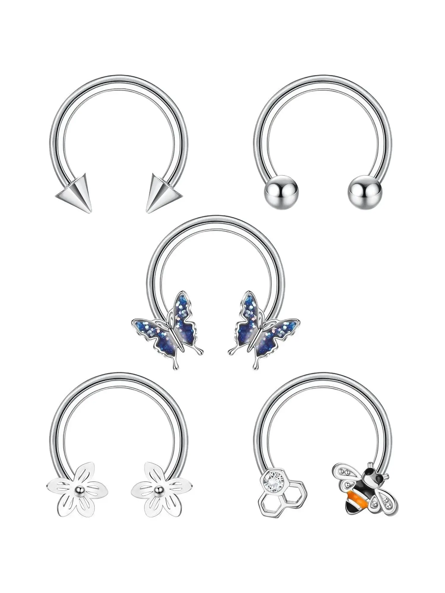 5 Pcs Silvery Nose Rings Hoops for Women Men Tragus Daith Rook Helix Piercing Jewelry Set Open Septum Jewelry Set 16G Horseshoe Stainless Steel Septum Rings Cartilage Earring Hoop Nose Ring Cute Bee Flower Butterfly Septum Rings