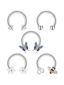 5 Pcs Silvery Nose Rings for Women Men Tragus Daith Rook Helix Piercing Jewelry Set Open Septum Jewelry Set 16G Horseshoe Stainless Steel Septum Rings Cartilage Earring Hoop Nose Ring Cute Bee Flower Butterfly Septum Rings