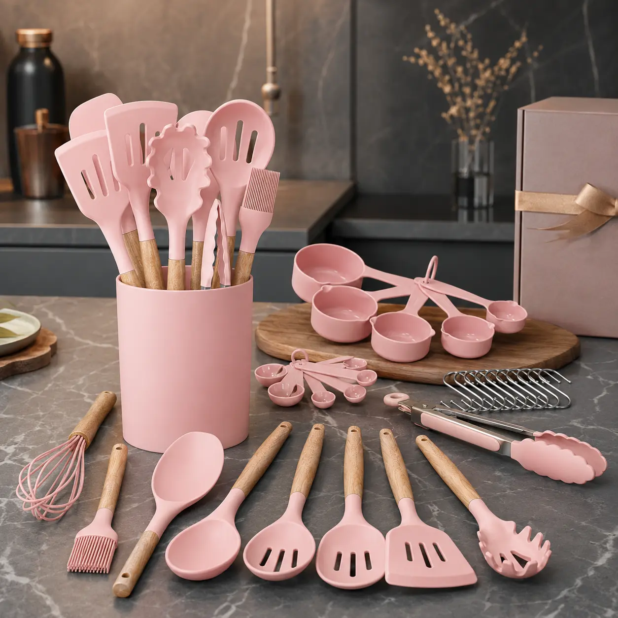 【Independence Day Special】EBE 33-Piece Sturdy Nonstick Silicone Kitchen Utensil Set with Stainless Stand, Wooden Handles, Stainless Core, Heat Resistant, Durable, BPA-Free, Pasta-Safe Design, Hole-Equipped Tools, Turner, Spatula - Kitchen Supplies