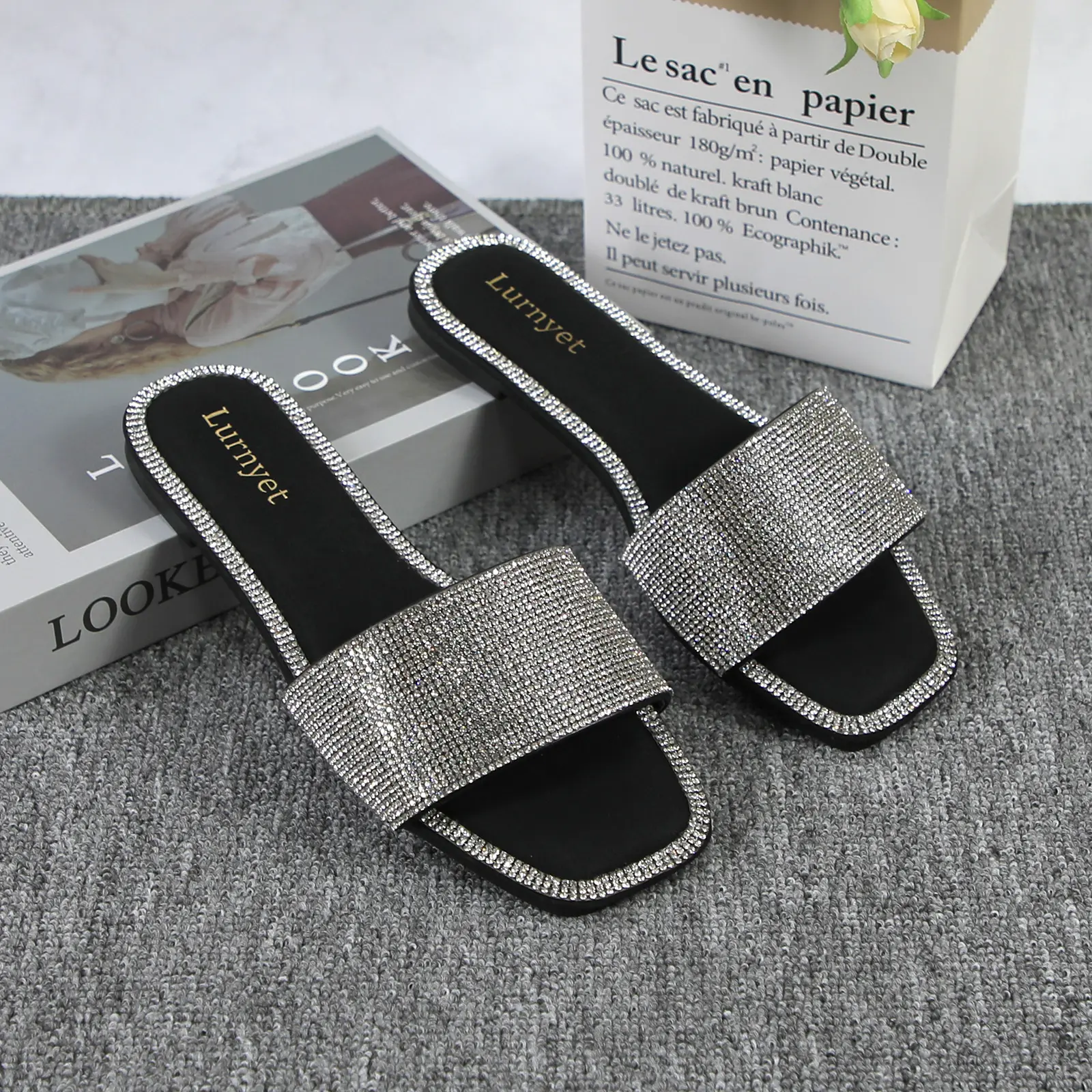 Women's Rhinestone Slip On Slides, Elegant Open Toe Square Toe PU Flats, Breathable Cushioned Footwear for Summer Casual Wear, Square Sandals, Rhinestone Trim, Anti-Slipping, Ergonomic Design, Walking Shoes, Wide, Flexible, Minimalist, Retro