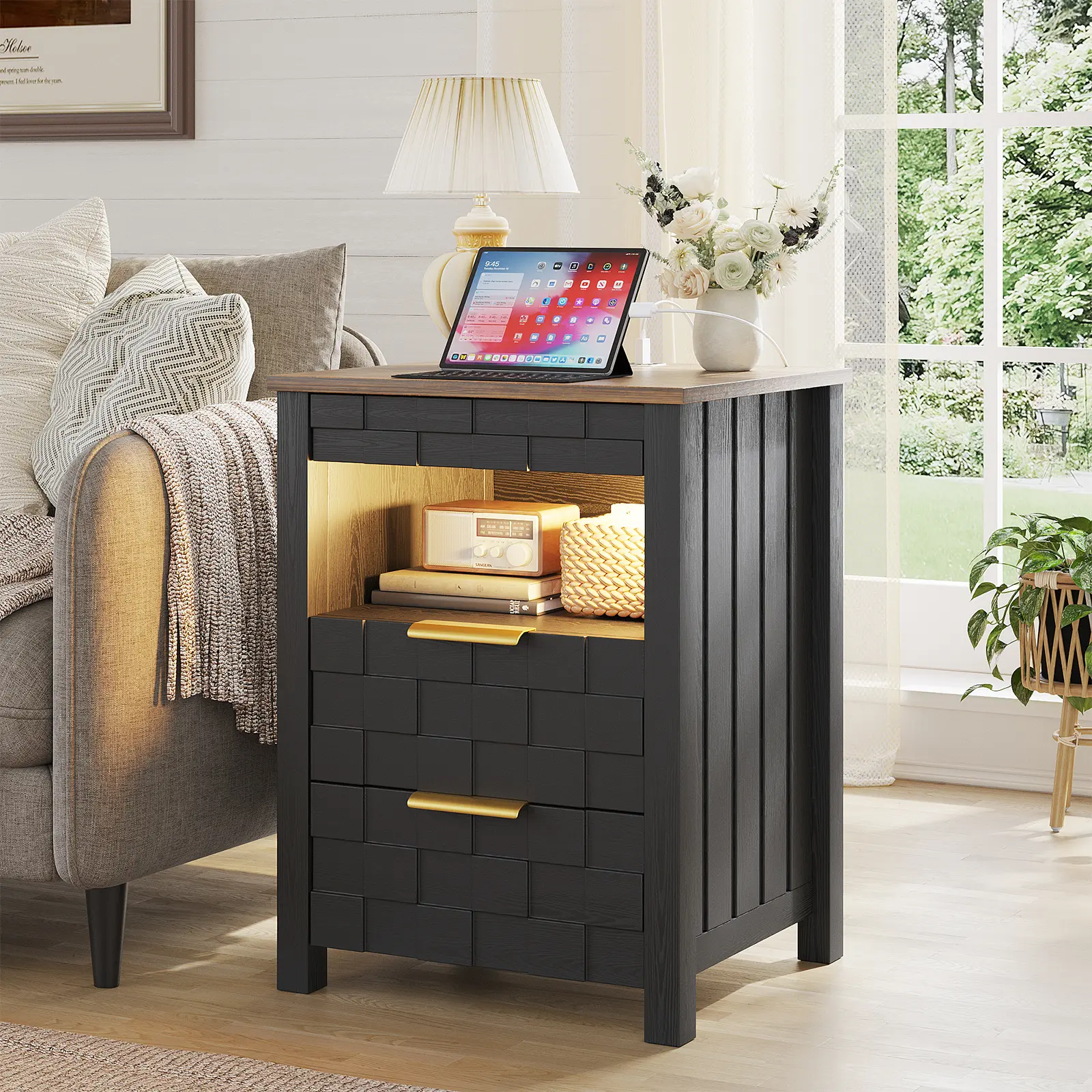 Dystler Modern Lockable Drawer Nightstand - Stylish Bedside Table, 2 Drawers, Lockable Cabinet, USB+Type-C Charging Station, 3-Color Human Sensor LED Lights, Self-Assembled Black Indoor Furniture Table